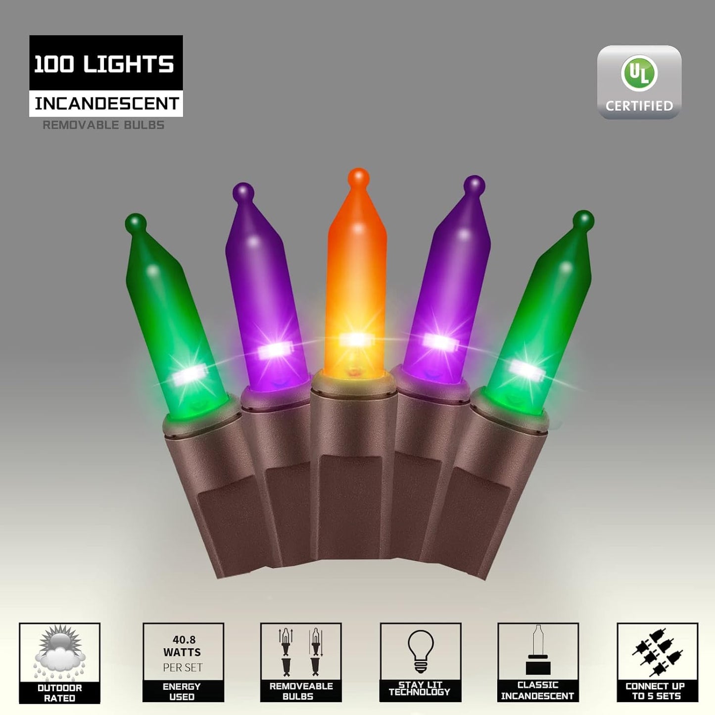 100LIGHTS Orange Purple and Green Extra-Bright with End Connectors Halloween Decorative Lights 5.98m UL Certified Mini String Light Set Waterproof for Halloween Home Garden Tree Party Patio