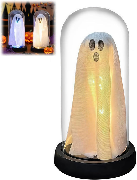 Light Up Ghost in Glass Cloche,Halloween Decorations Indoor,Cute LED Ghost Decor for Mantel,Tabletop,Cute Decorative Ornaments Suitable for Halloween Parties and Festivals(Warm Light,PVC Cover)