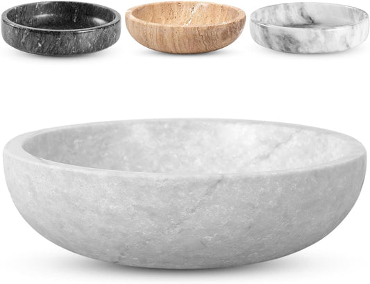 Travertine Decorative Bowl - 7.8” Diameter & 2” Height - Key Bowl for Entryway Table - Organic Modern Centerpiece - White/Gray