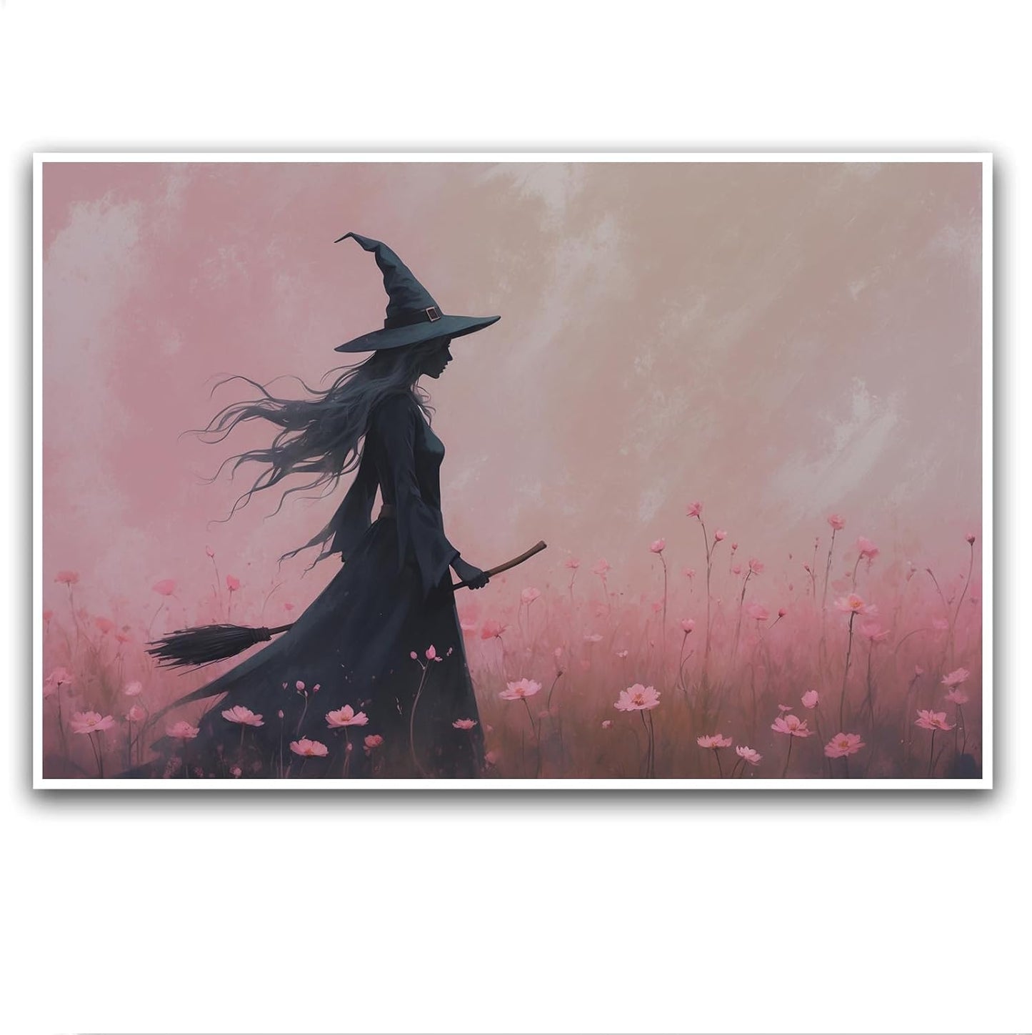 JFHCQJPK Witch in the pink sea of flowers Halloween prints weird flowers wall art silhouette painting fashionable romantic decoration suitable for bedroom24x36in Frameless