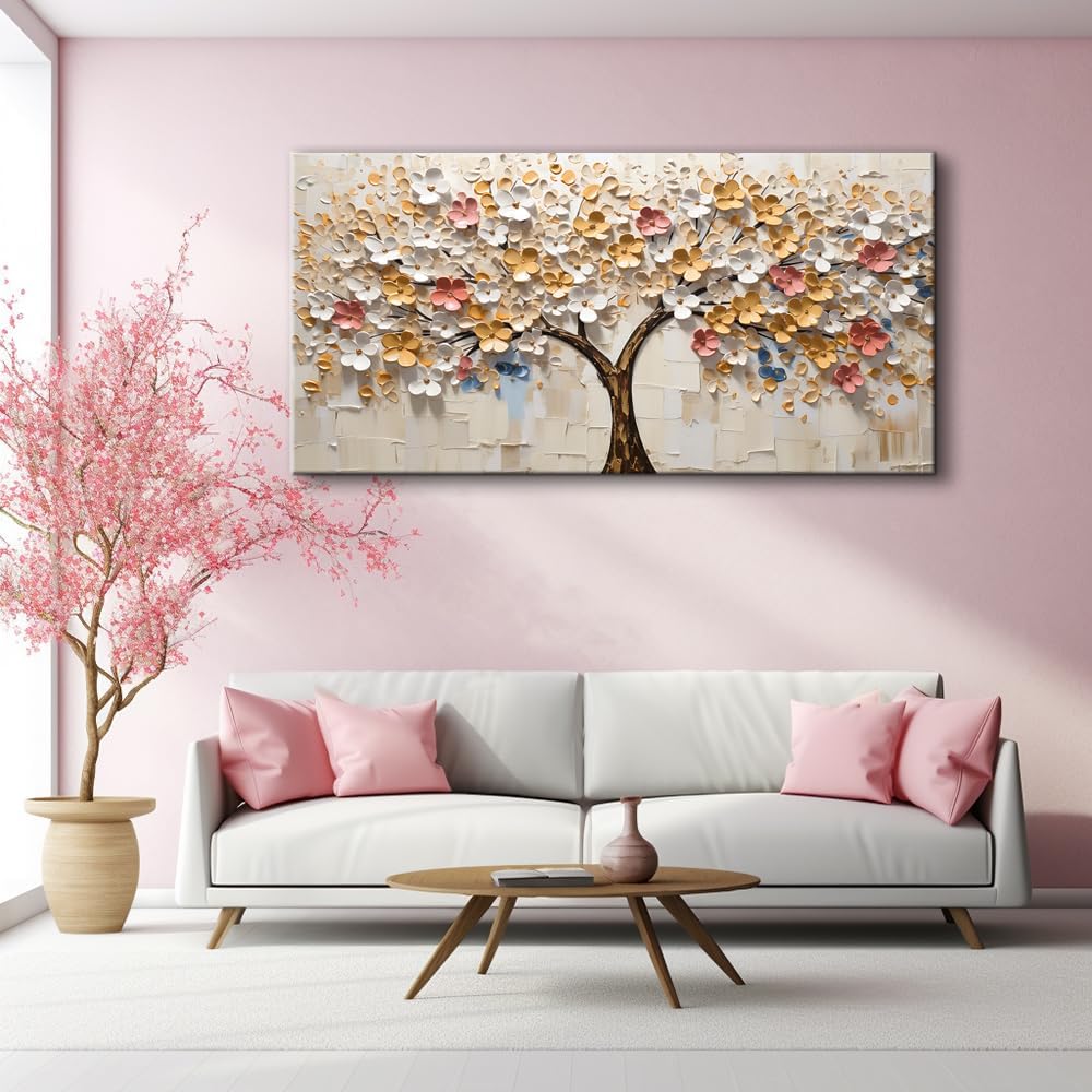 LASMOND White Spring Large Tree of Life Wall Art Office Decor Living Room Modern Painting Prints Pictures Abstract Floral Flower Nature Canvas Large Landscape Artwork (23x46 Inches)