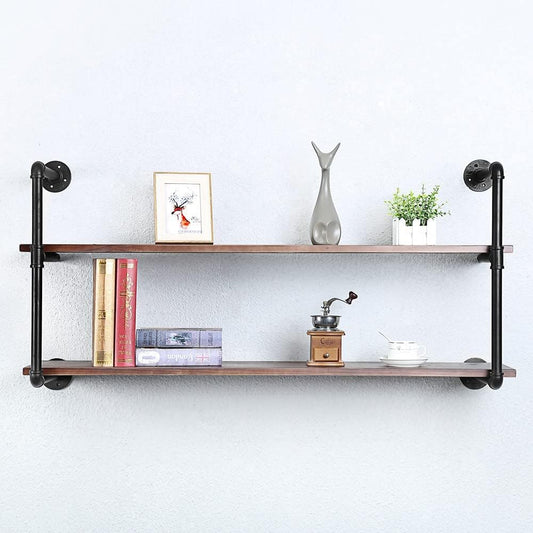 Industrial Pipe Shelving Wall Mounted,48in Rustic Metal Floating Shelves,Steampunk Real Wood Book Shelves,Wall Shelf Unit Bookshelf Hanging Wall Shelves,Farmhouse Kitchen Bar Shelving(2 Tier)