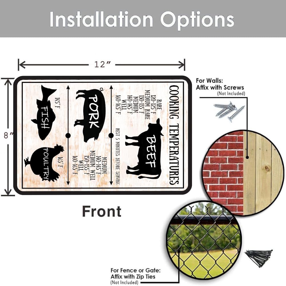 Vintage Kitchen Tin Sign Meat Internal Cooking Temperatures Sign Measurement Kitchen Conversion Metal Signs Meat Temperatures Cooking Chart Decor 8 X 12 Inch