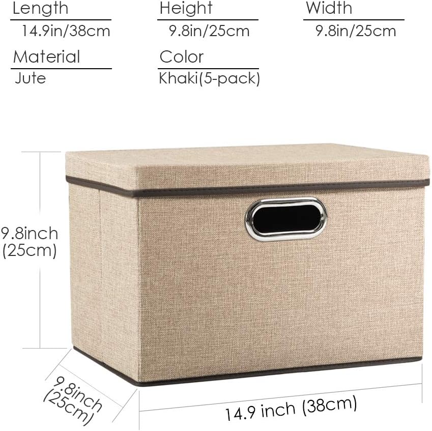 PRANDOM Collapsible Storage Containers with Lids [5-Pack] Jute Fabric Foldable Storage Bins Boxes Organizer Baskets Cube with Cover for Home Bedroom Closet Office Nursery (14.9x9.8x9.8)