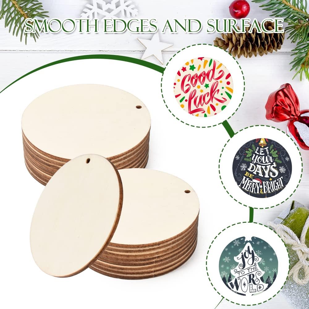 Unfinished Wooden Circles with Holes, 50Pcs 3 Inch Round Wood Tags Ornaments Blank Round Wooden Slices with Jute Twines for Sign Tags Christmas Home Party Hanging Decoration