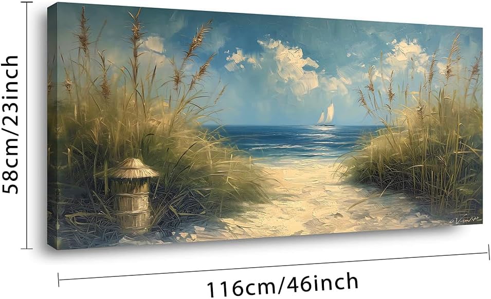 LASMOND Beautiful White Sandy Beach by Seaside Landscape Wall Art Decor Artwork for Bedroom Living Room (48x24 Inches)