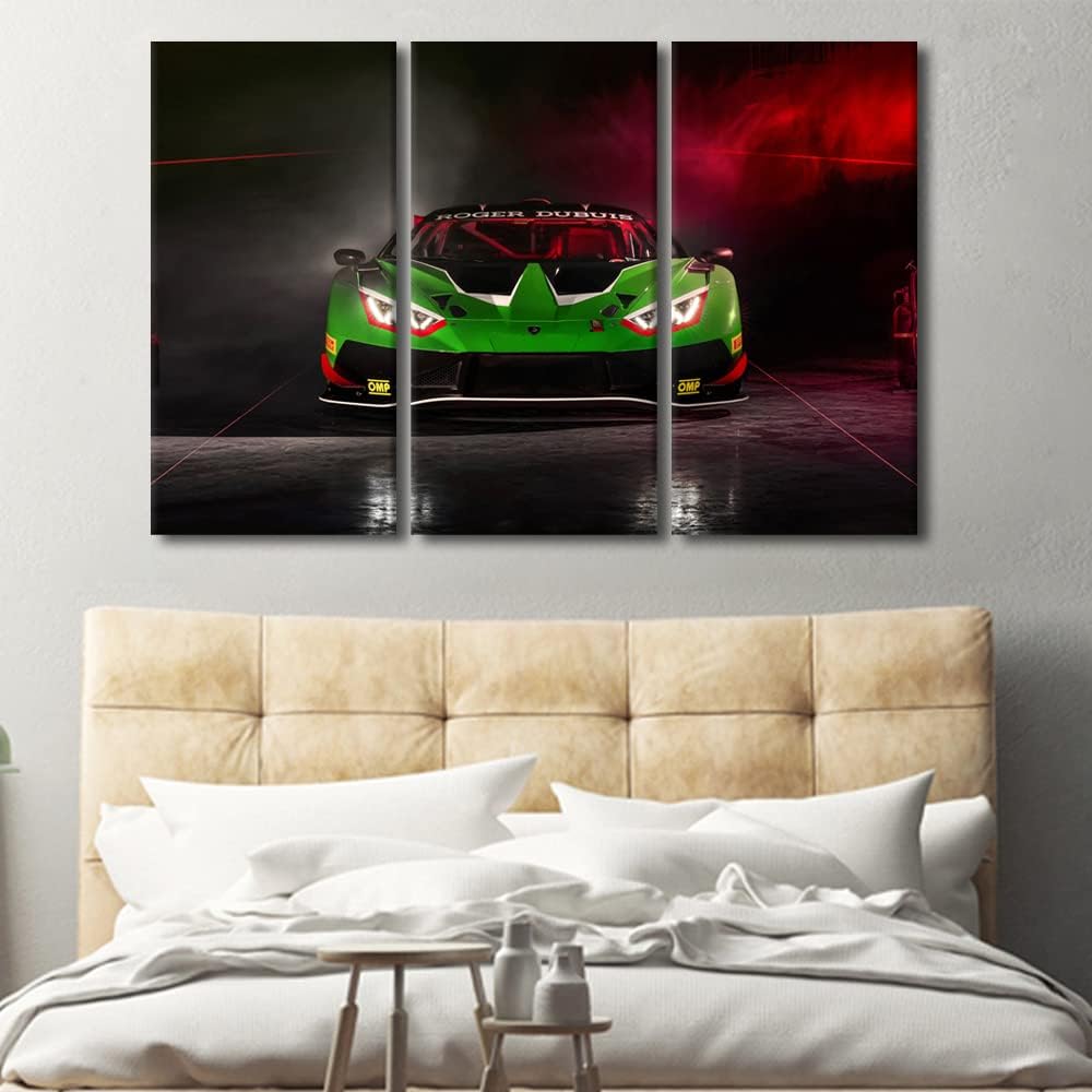 TUMOVO 3 Piece Wall Pictures for Living Room Green Sports Car Painting on Canvas Wall Decor Art Supercar Speed Car for Boys Bedroom Wall Art Modern Artwork Framed Ready to Hang, 60" Wx40 H