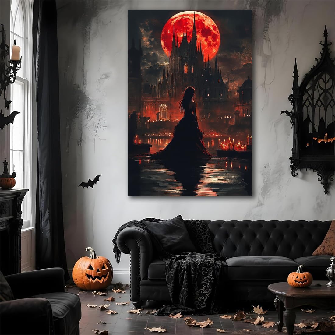 Halloween Witch Poster Canvas Prints Art Vintage Decor,Red Castle Blood Moon and Witch Scene Gothic Painting,Rustic Dark Academia Wall Art for Bathroom Spooky Living Room Wall Decor,12"x18" Framed