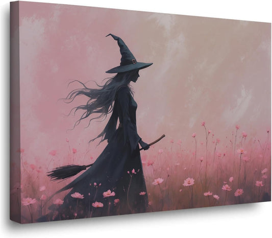 Witch in the pink sea of flowers Halloween prints weird flowers wall art silhouette painting fashionable romantic decoration suitable for bedroom8x12in Wood Framed