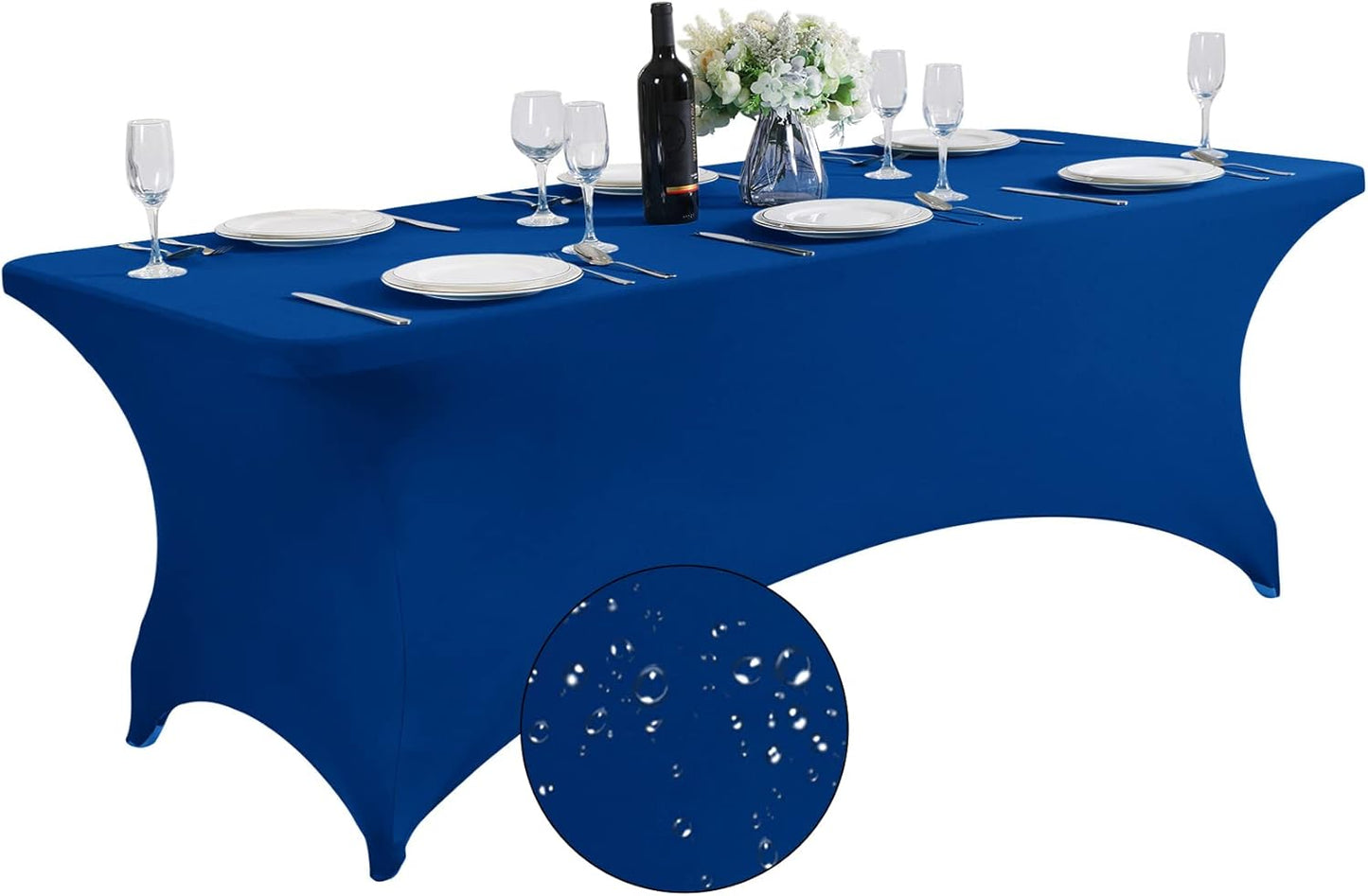 SuperO Waterproof Spandex Table Cover for 8FT Table Universal Fitted Stretch Tablecloth for Party, Banquet, Wedding and Events-Classic Blue