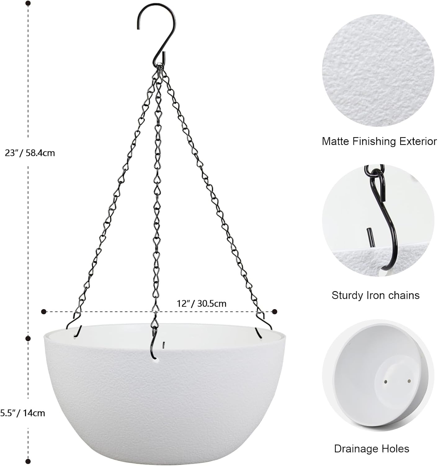 12 inch Large Hanging Planters for Indoor Outdoor Plants, 2 Pack Hanging Flower Pots with Drainage Holes and Chain for Garden Porch, Plastic Hanging Baskets for House Plants, White
