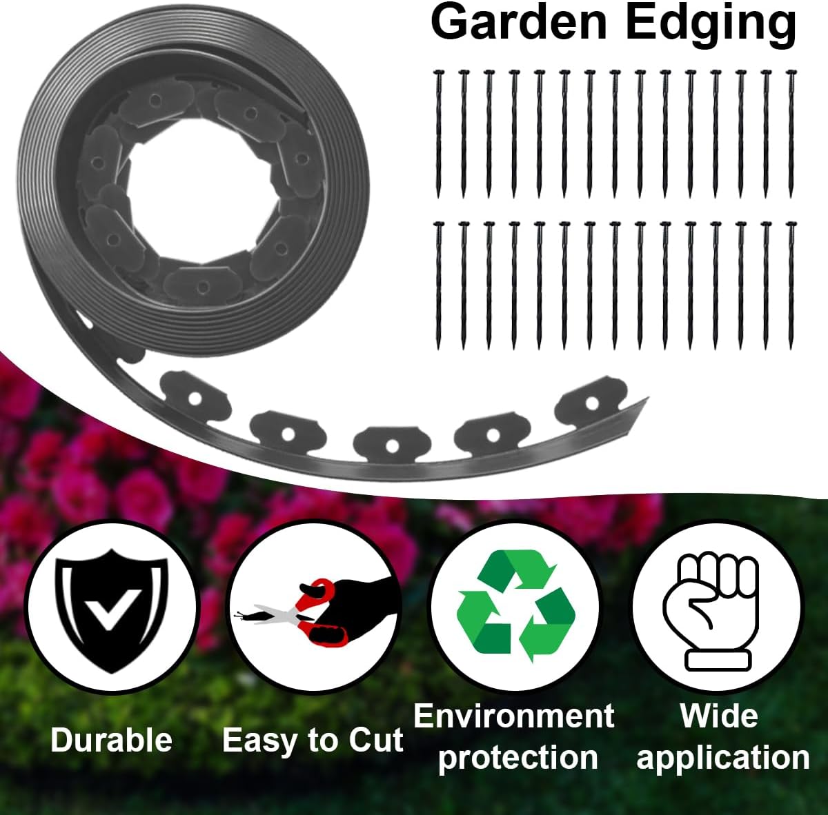 Landscape Edging,33ft x 4inch Tall Plastic Garden Edging Border with 30 Spikes,Lawn Edging for Landscaping Flower Bed,Yard,Patio-Grey