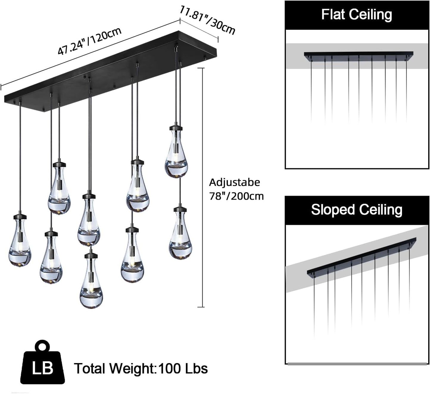Raindrop 9-Light Chandeliers for Dining Room, Black Dining Room Lights Fixture Over Table, Teardrop Pendant Lights Kitchen Island, Adjustable Rope Hanging Lamp Ceiling for Entryway Foyer