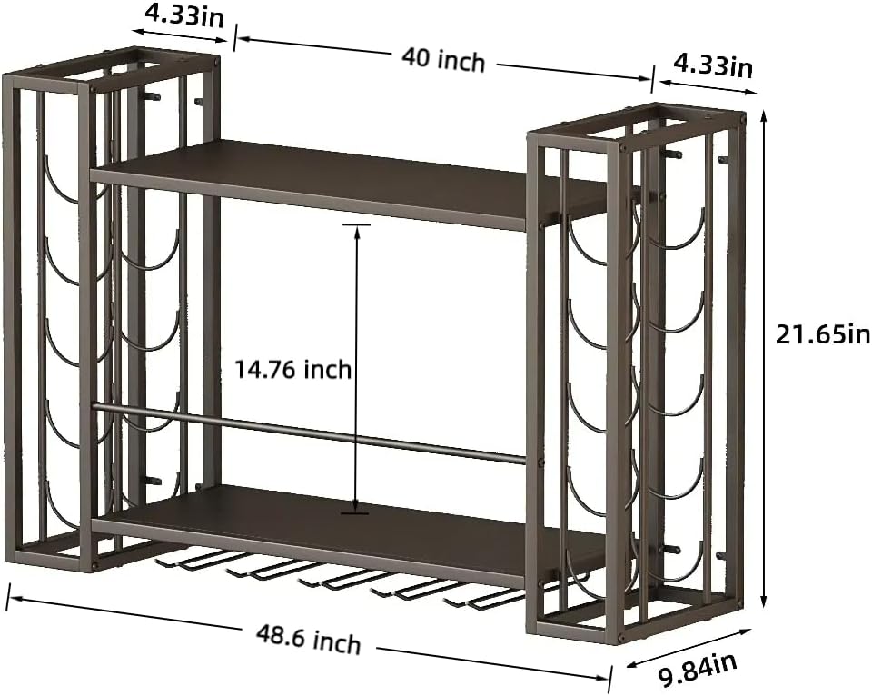 Wall Mounted Wine Rack, Wine Rack Wall Mounted with Wine Glass Rack, 2-Tier Multi-Functional Shelf for Home Restaurant Bar Storage Rack,Black (40”W x 9.8”D x 21.65”H)