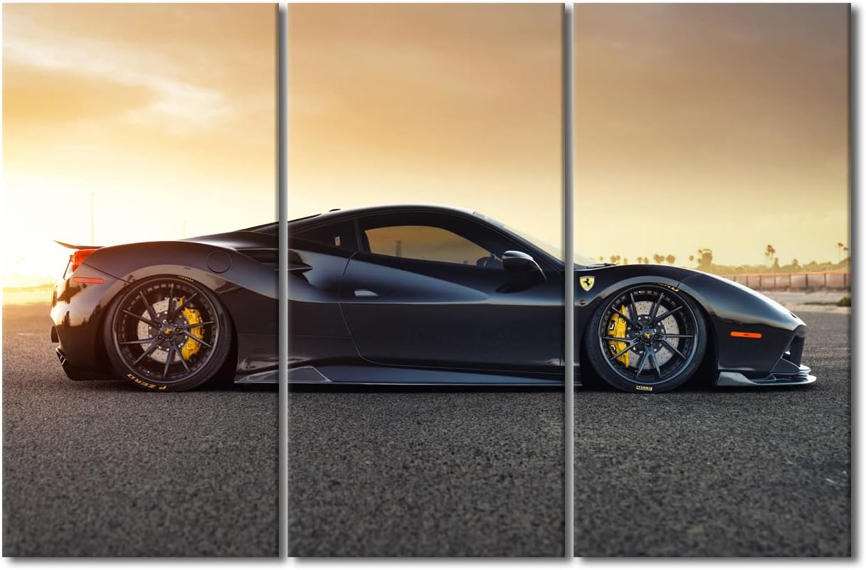 Canvas Wall Art for Boys Bedroom Black Sports Car at Sunset Wall Paintings for Living Room Supercar Office Modern Wall Art Speed Car Pictures Print On Canvas Giclee Framed Ready to Hang, 42"Wx28"H