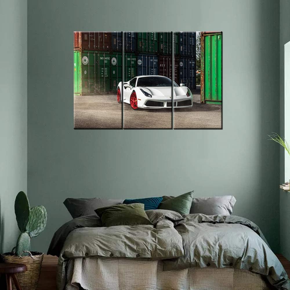 TUMOVO Classic Car Canvas Wall Art Framed White Ferrari Boys Fast Car Cool Sports Poster 3 Pieces 3D Diamond Print Painting with Frame and Stretched Ready to Hang - 28 x 14inch x 3 Panels
