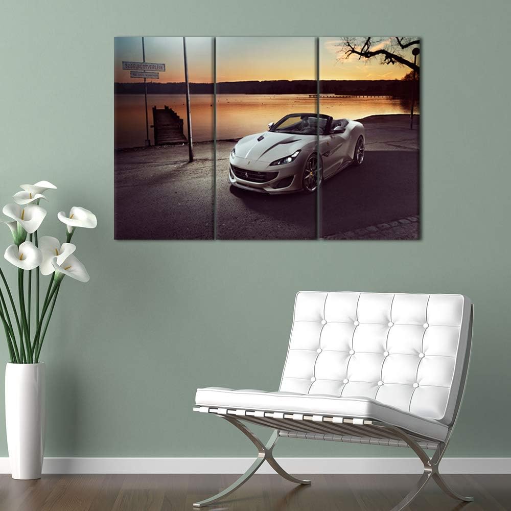 Landscape Canvas Print Wall Art Painting for Home Decor White Sports Car 3 Pieces Panel Paintings Modern Giclee Stretched and Framed Artwork the Picture for Living Room Decoration - 12 x 24 inch x 3