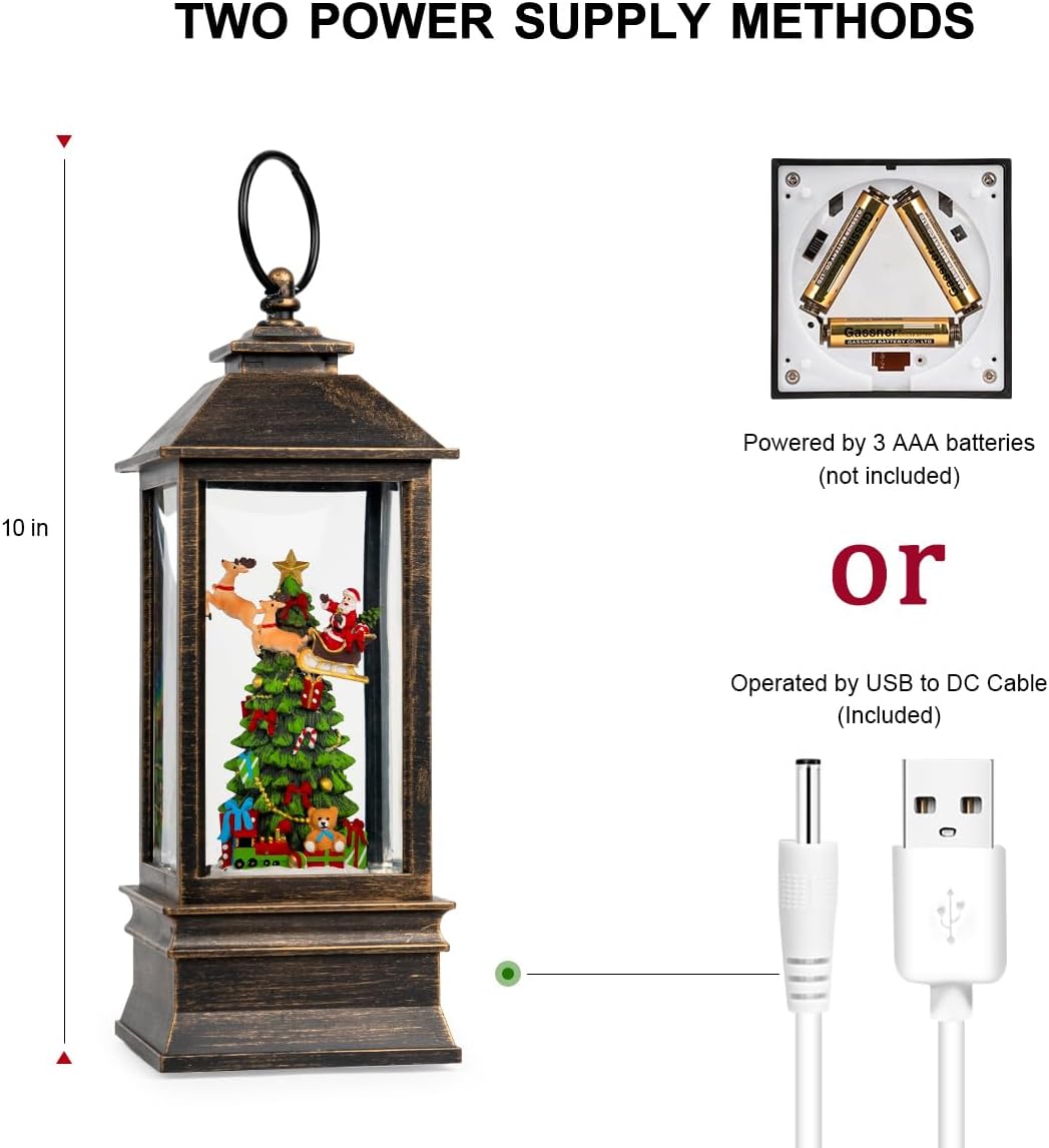 10'' Musical Snow Globe Lantern Lighted Christmas Tree and Flying Santa Water Lantern Swirling Glittering Home Decoration and Gift, Battery Operated or USB Powered