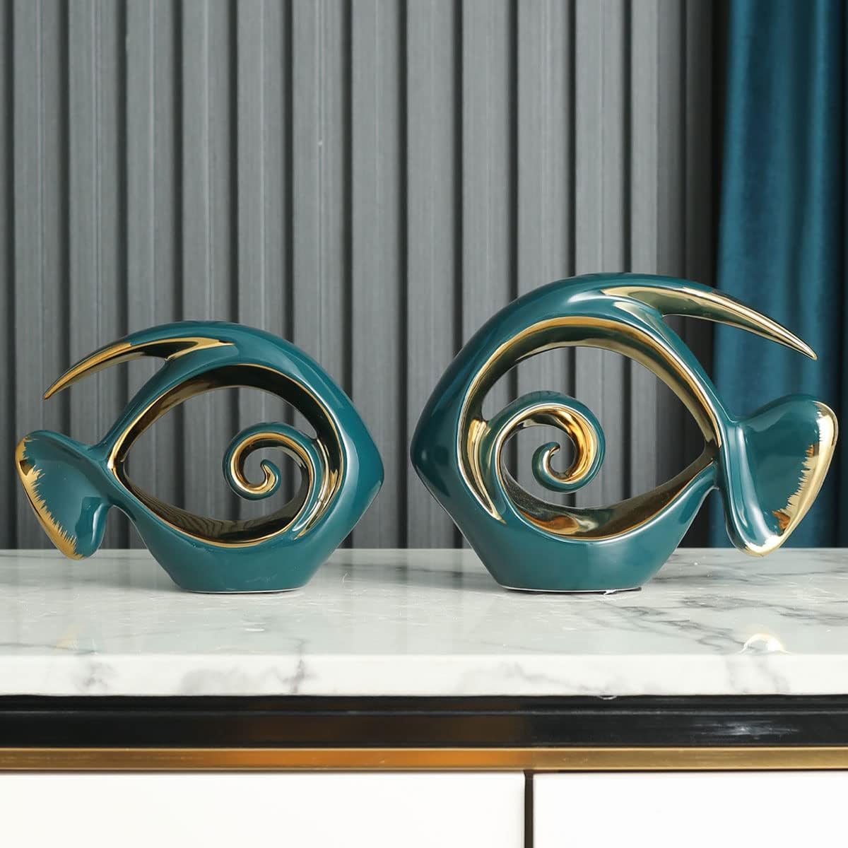 Green Gold Ceramic Fish Figurines - Coastal Home Decor, Modern Ocean Centerpieces for Living Room, Dining Area, Bathroom, Office, Coffee Table, Beach House, Nautical, Seaside, Entrance, Shelf Display