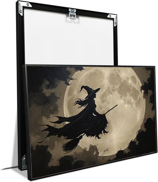 JFHCQJPK Full moon witch silhouette poster witch on magic broom Halloween mural poster decorative mural art suitable for home living room bedroom16x24in Metal blackFramed