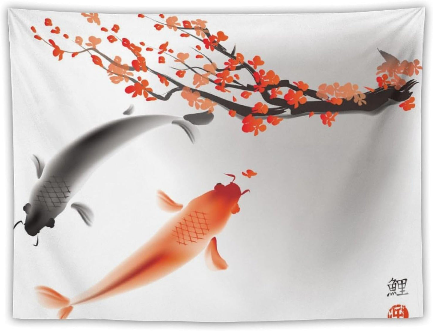 Houselerax Japanese Koi Fish Tapestry, Cherry Blossoms Asian Oriental Flower Branch Koi Fish Carp Tapestries Wall Hanging for Bedroom Living Room Office Decor 60"x50"