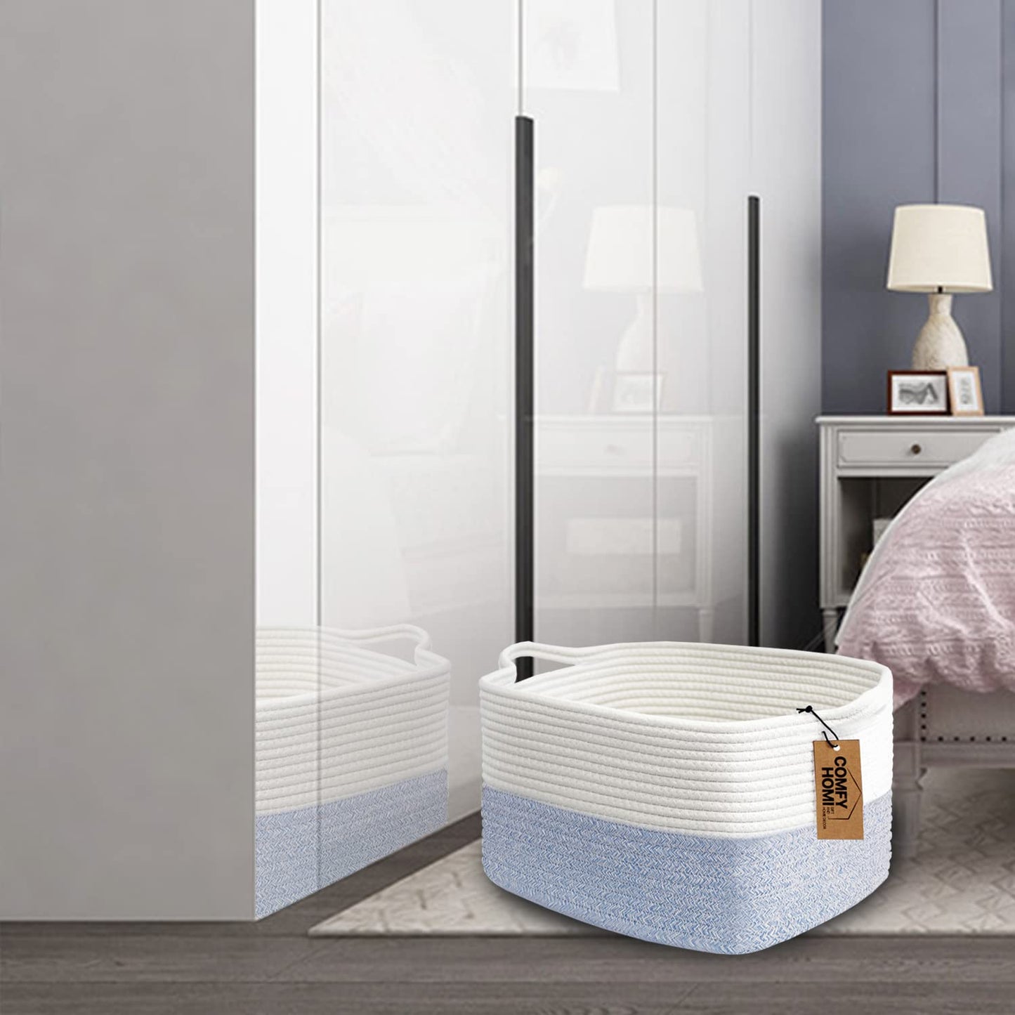 COMFY-HOMI Cotton Rope Woven Basket with Handles for shelf，Toy, Book, Cloth Storage Basket for Organizing-13.5"X11"X9.5" Storage Bin for Living Room, Newborn or Infant Gift for boy girl （White/blue）