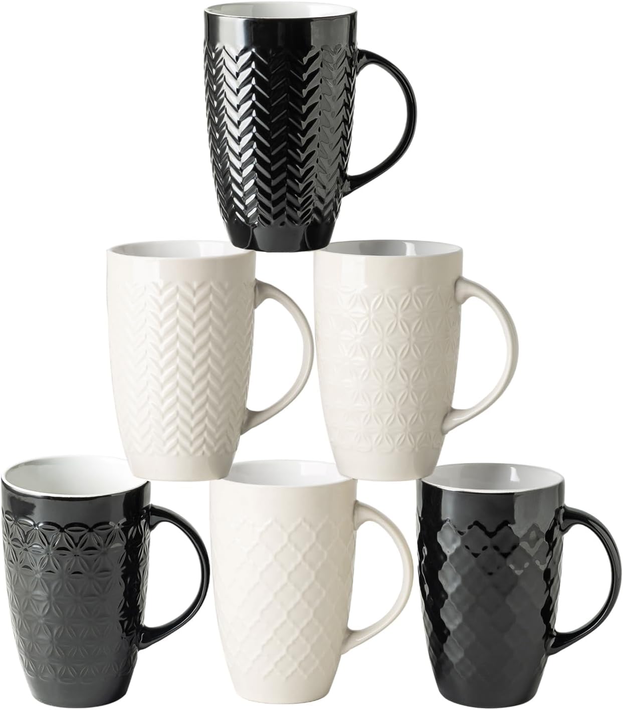 AmorArc Large Coffee Mugs Set of 6, 20oz Ceramic Tall Coffee Mugs Set with Textured Geometric Patterns for Coffee/Tea/Beer/Hot Cocoa, Dishwasher & Microwave Safe, Black&Beige