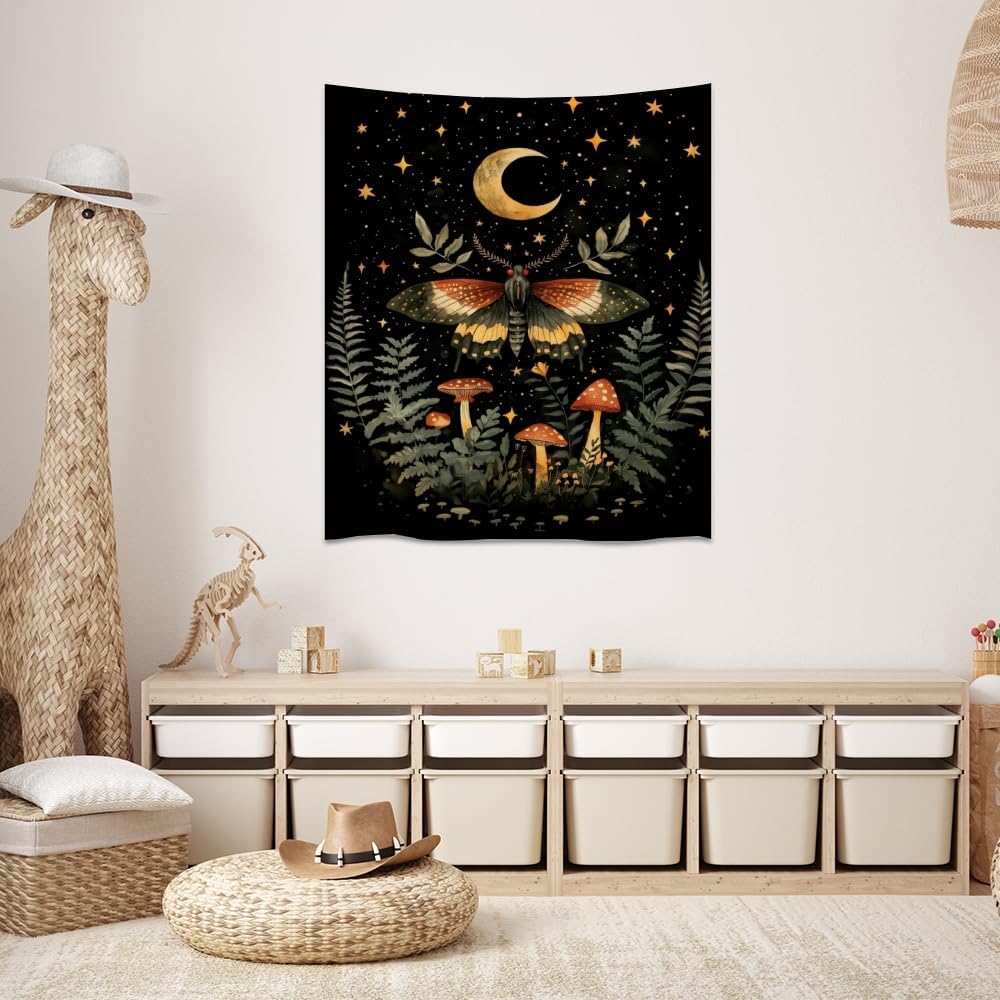 Mystical Moth Mushroom Tapestry Dark Academia Aesthetic Wall Hanging Decor Moon Star Witchy Print Butterfly Enchanted Forest Tapestries for Home Bedroom Living Room Office Decor 60x80inch