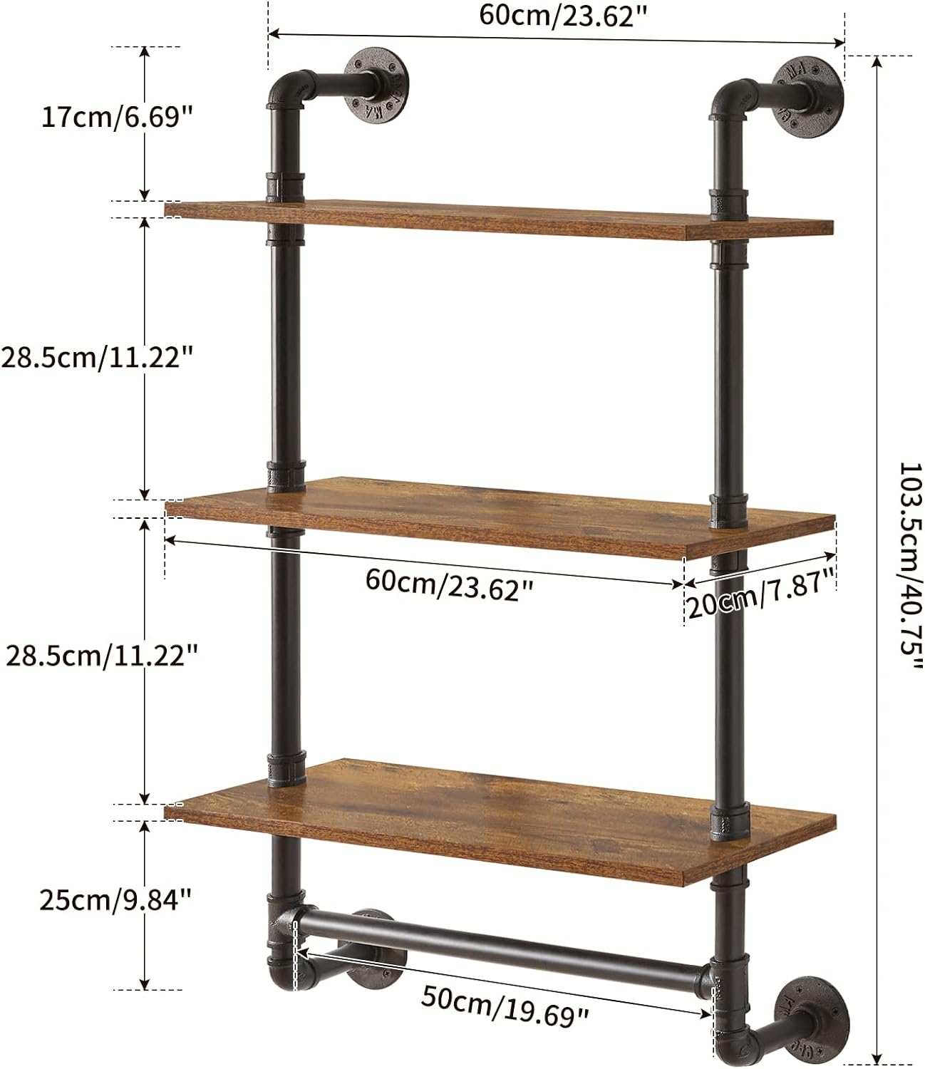 IBUYKE Industrial Pipe Shelf,40.5 inches Wall Mount Bookcase,3-Tier Wall Shelf with Towel Bar,Rustic Iron Pipe Floating Shelvesfor Bedroom,Kitchen,Living Room,Bathroom URF-TM015
