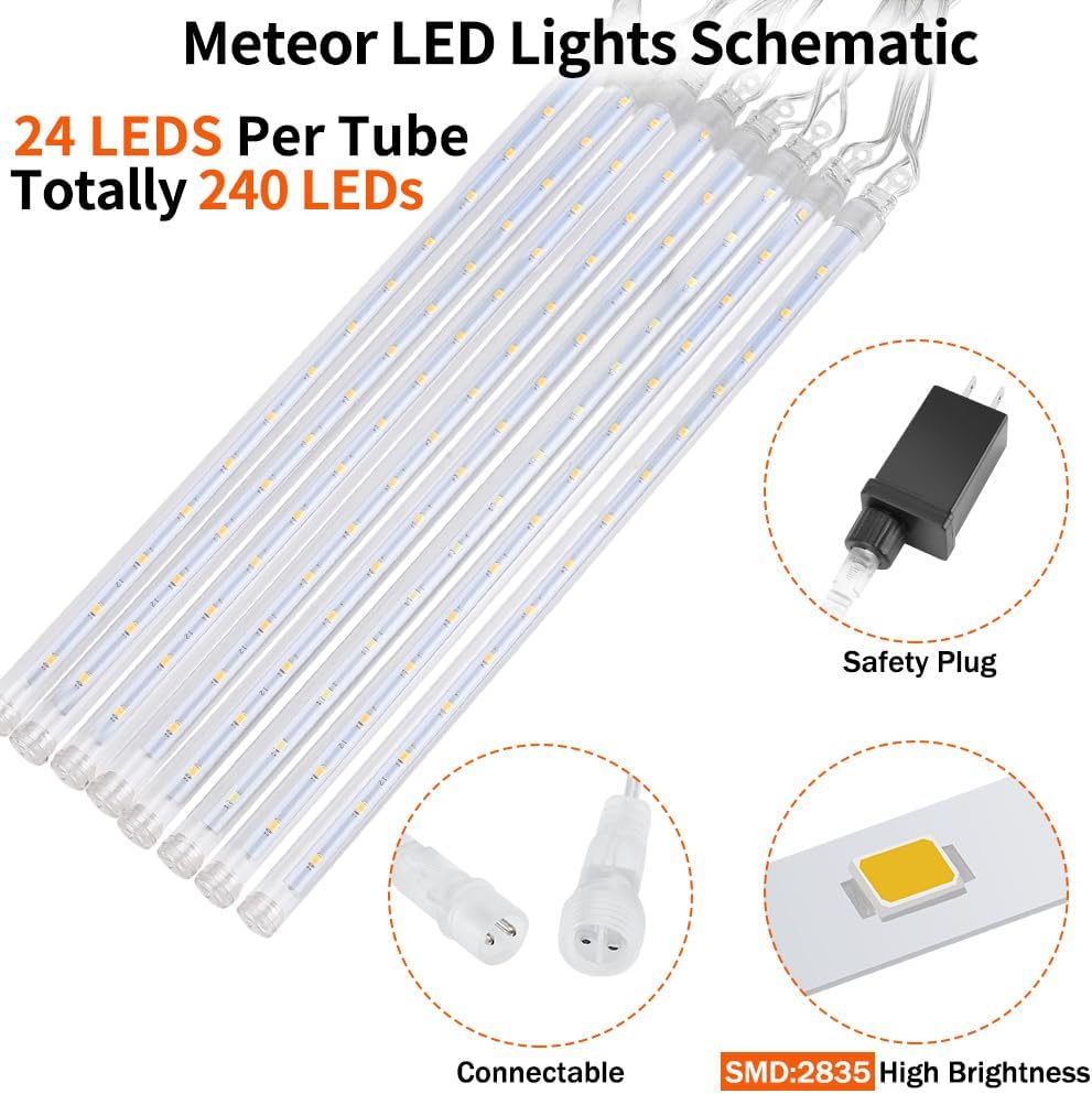 【4 Pack】 Christmas Meteor Shower Rain Lights 12inch, Totally 40 Tube 960 LEDs Raindrop Lights Icicle Light Outdoor for Halloween Xmas Wedding Party Tree Holiday Decor