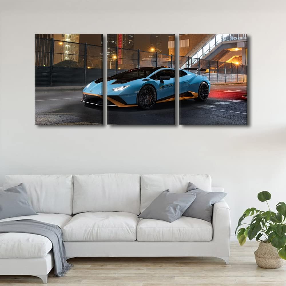 Wall Art for Living Room Blue Sports Car on the Street Canvas Wall Art Hypercar Contemporary Wall Art Posters and Prints Speed Car Modern Artwork Ready to Hang for Men Boys Bedroom Office, 36"Wx16"H