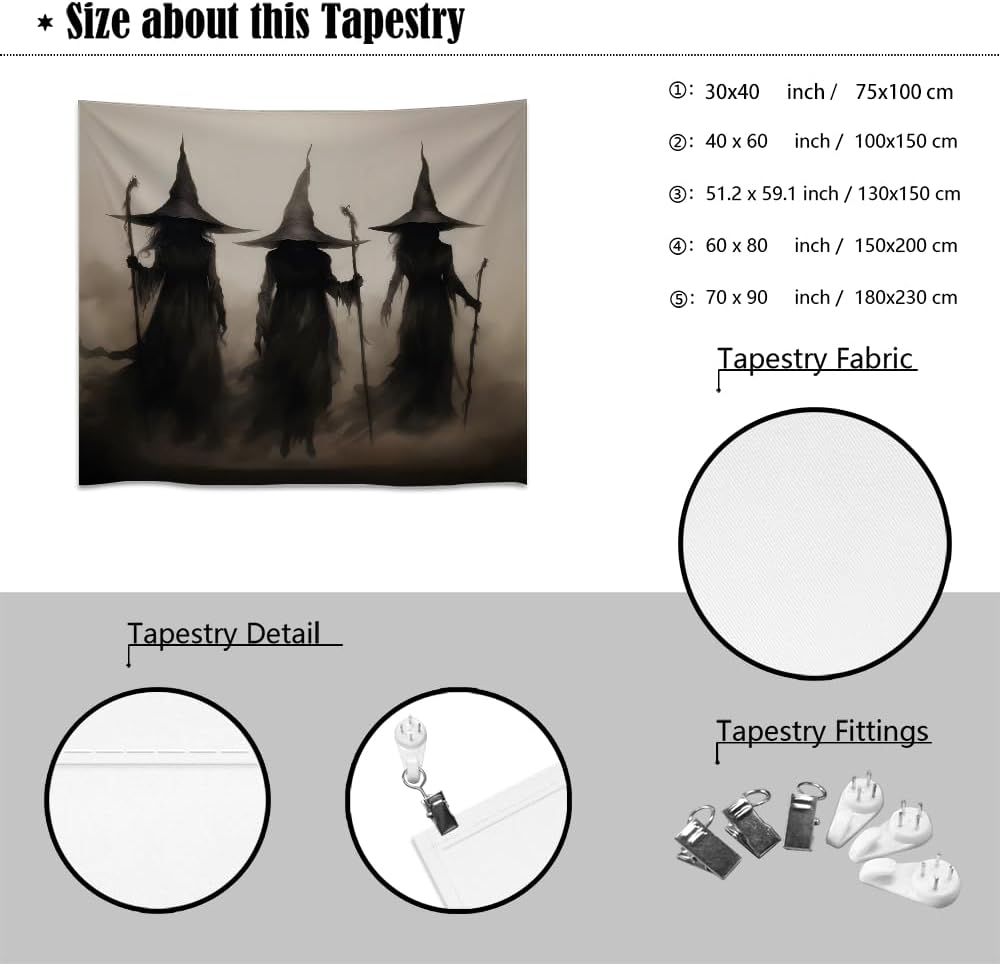 Witch Tapestry Witchy Halloween Decor Vintage Three Witches Bedroom Tapestries Retro Art Aesthetic Wall Tapestry for Bedroom Dorm Living Room white