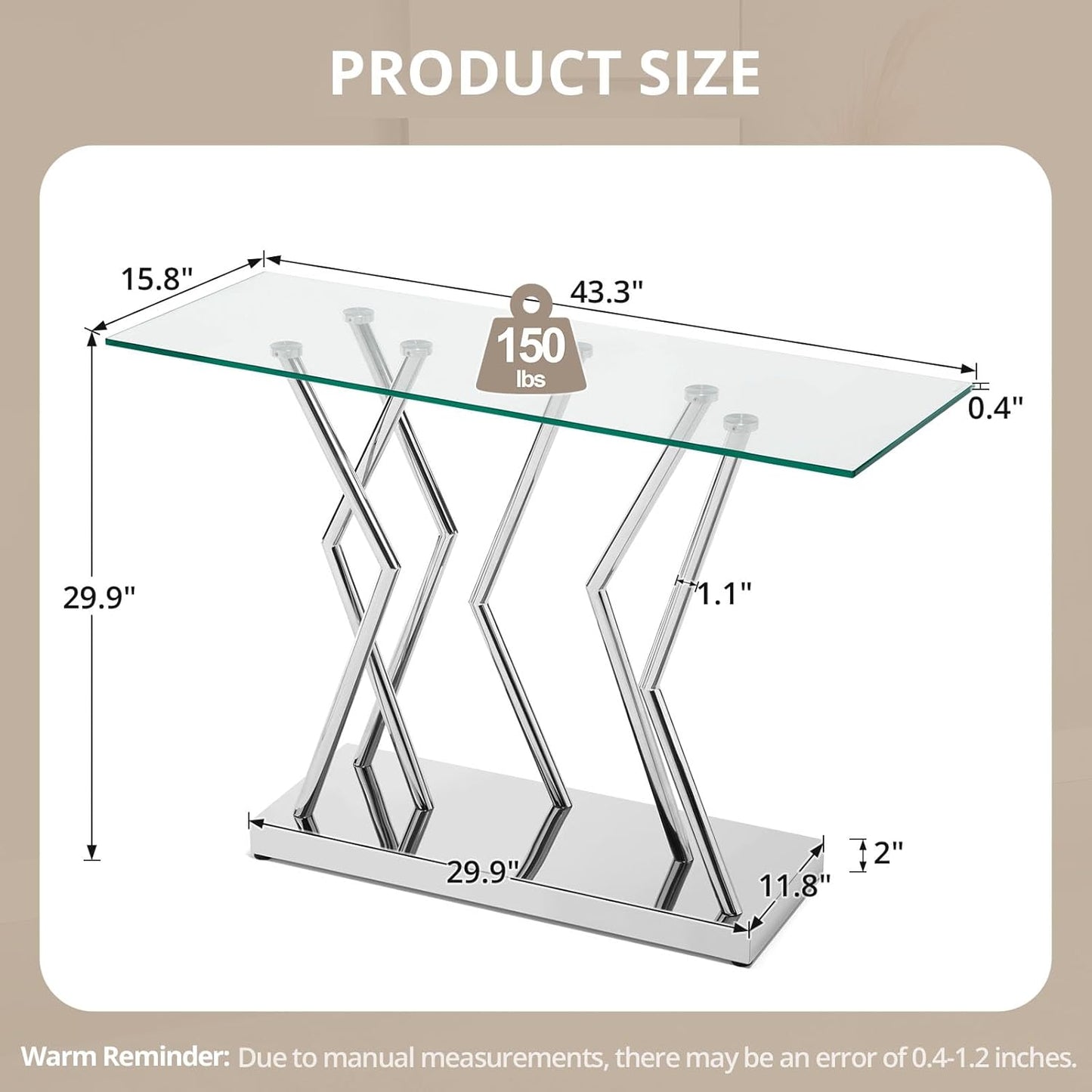 43.3" Glass Modern Console Table, Sturdy Silver Entryway Table with Stainless Steel Base, Rustic Entrance Table, Minimalist Narrow Tables for Living Room & Office