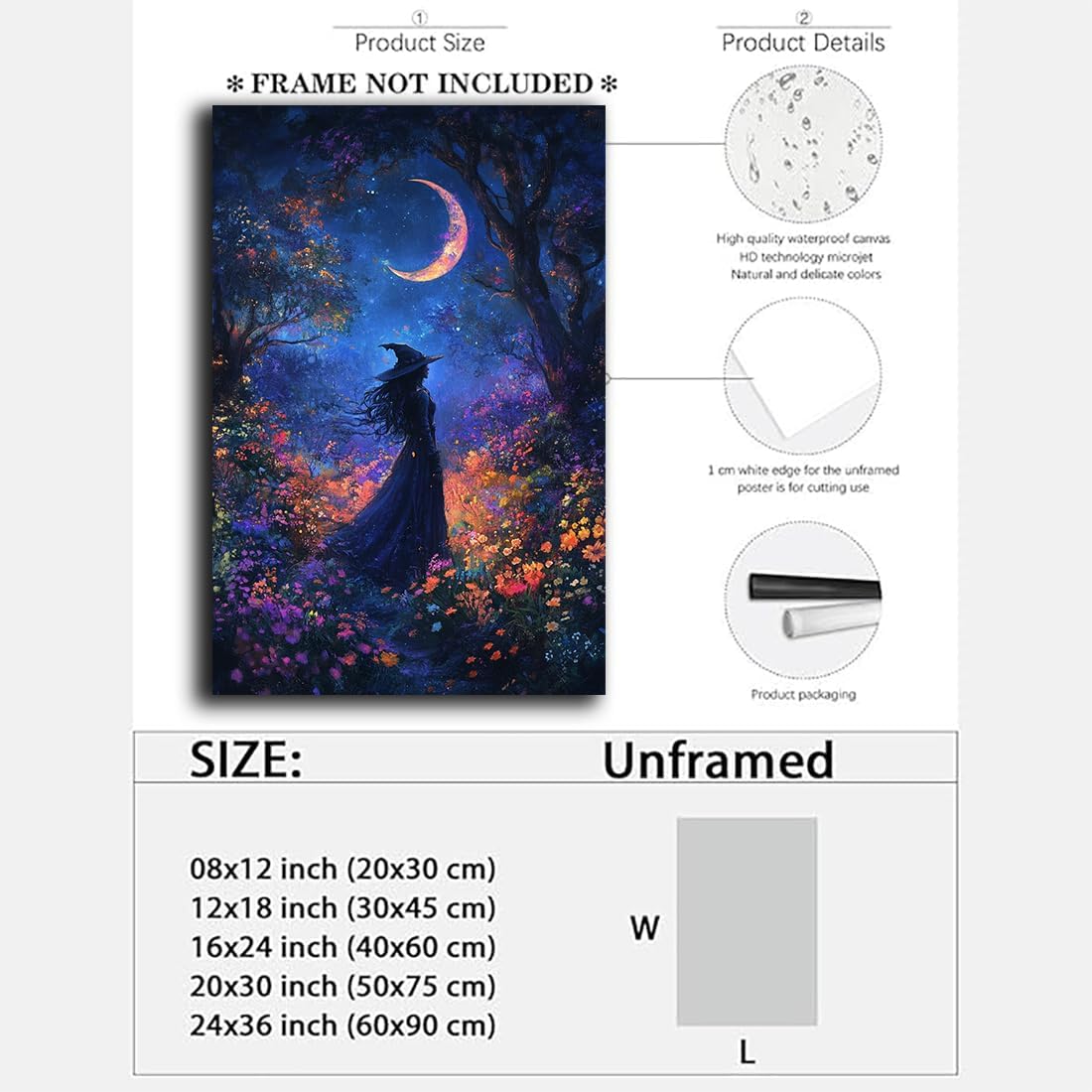 Vintage Halloween Witch Decor Mystic Gothic Wall Art Poster,Enchanting Witch Fall Whimsical Wildflowers Woodland Forest Crescent Moon Picture Art,Creepy Witchy Home Decor,20"x30" Unframed