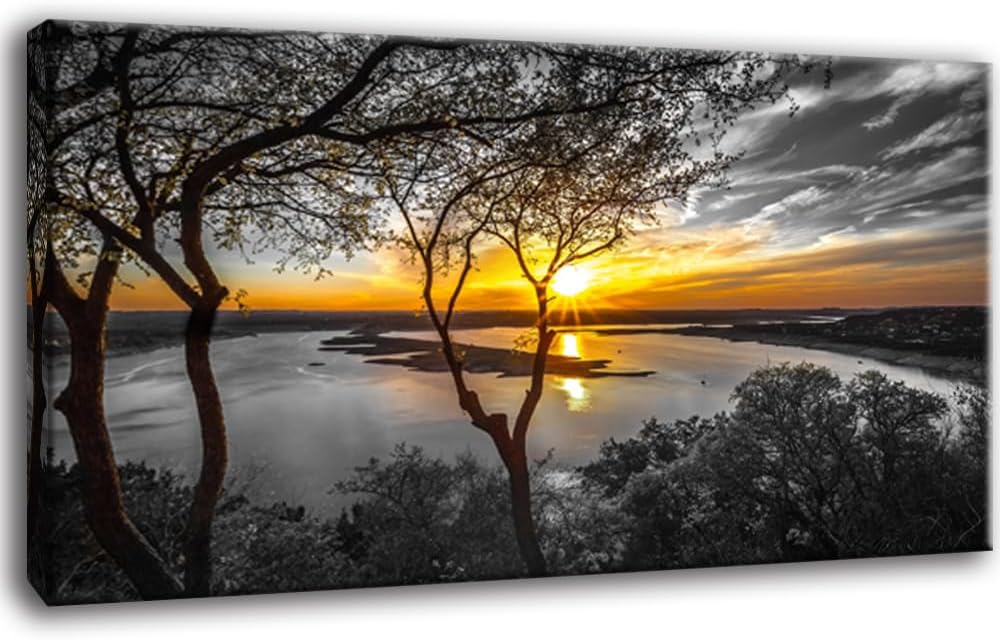 Bamdeya Large Wall Art Living Room Black and White Landscape Tree Canvas Wall Art Lake Print Art Forest Gold Sunset Poster Picture Natural Scenery Painting Bedroom Wall Decor Home Office Decorations