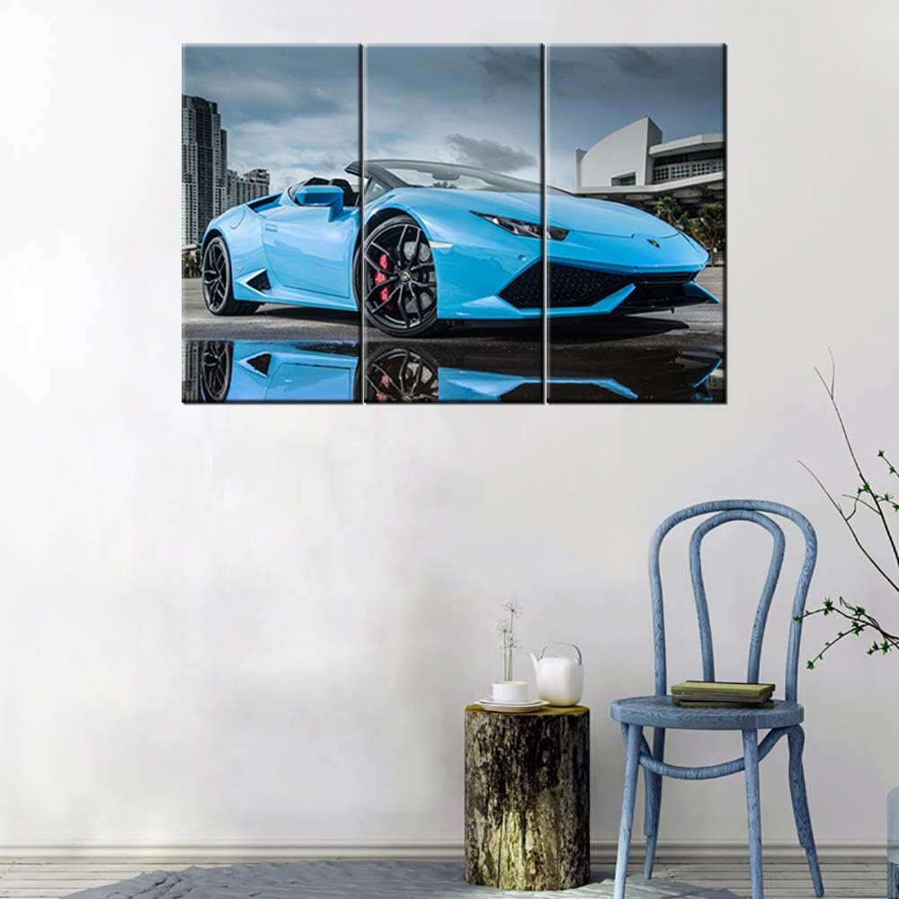TUMOVO 3 Piece Canvas Wall Art - Panoramic View of LP 610 4 Blue Supercar - Modern Home Decor Stretched and Framed Ready to Hang - 12 x 24 inch x 3 Pieces