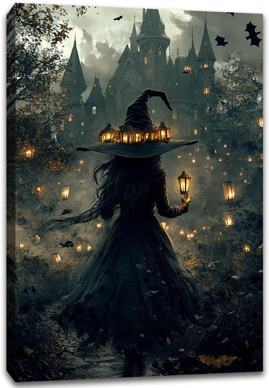 Halloween Witch and Haunted House Canvas Wall Art,Dark Academia Scary Witch Castle Posters Prints,Thriller Horror Gothic Wall Decor Pictures for Halloween Party House Decoration,24"x36" Framed