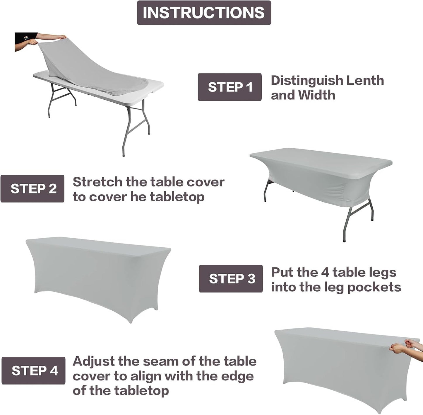 IVAPUPU 2 Pack 8FT Table Cloth for Rectangular Fitted Events Stretch Grey Table Covers Washable Cover Spandex Tablecloth Protector for Party, Wedding, Cocktail, Banquet, Festival