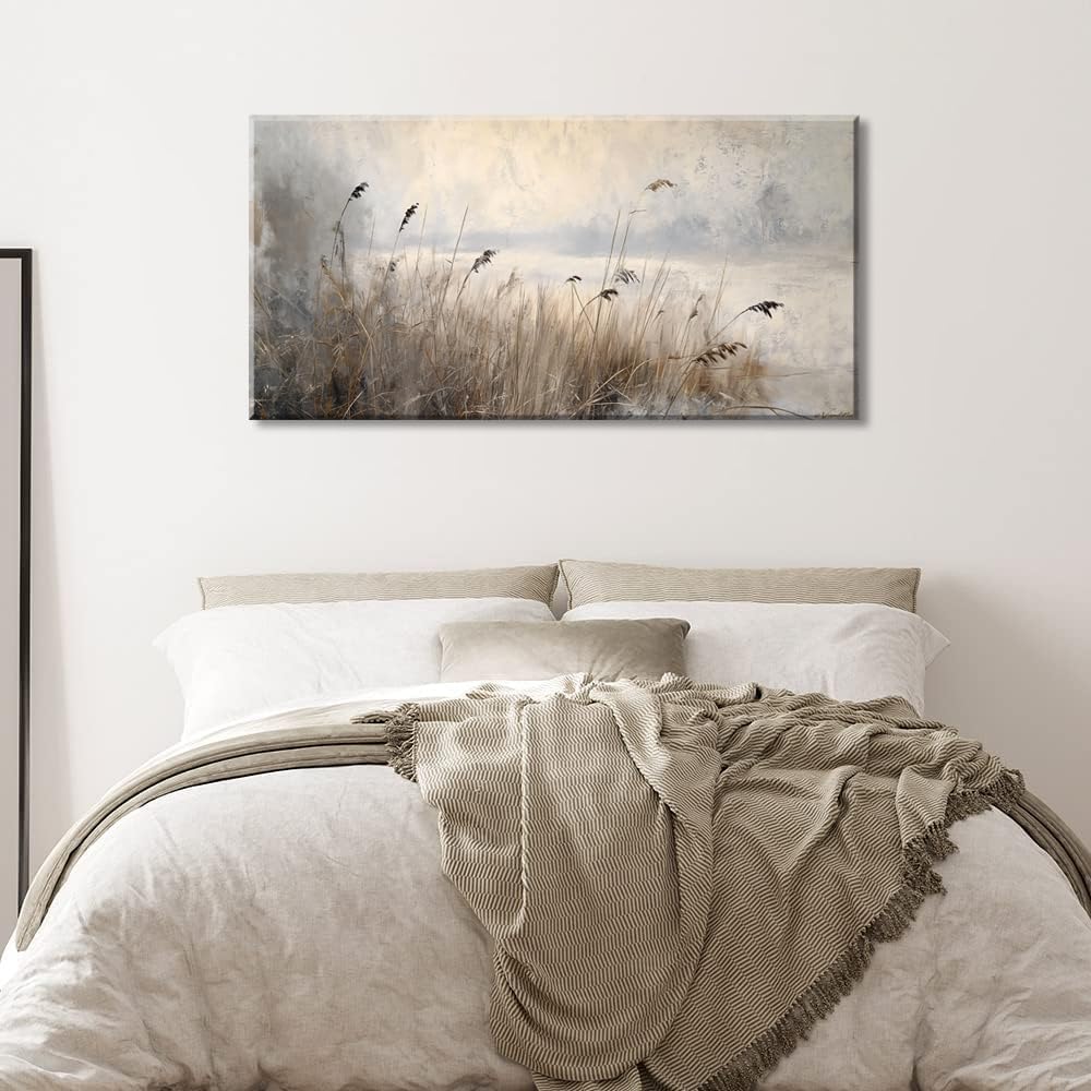 LASMOND Vintage Meadow Wall Art for Living Room Reed Grass Canvas Painting Prints Large Retro Rustic Cottagecore Countryside Landscape Farmhouse Bedroom Artwork Home Decor (40x20 Inches)