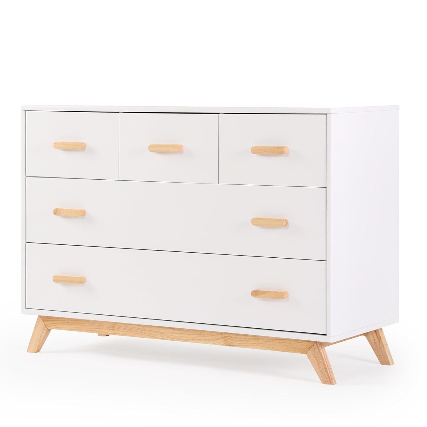 dadada Soho 5-Drawer Dresser for Nursery and Bedroom - Modern Design, Large Storage, Baby-Safe Finish, Soft Close Drawers, Anti-Tip Safety, Sturdy Legs & Solid Wood Handles, 47” Wide (White+Natural)