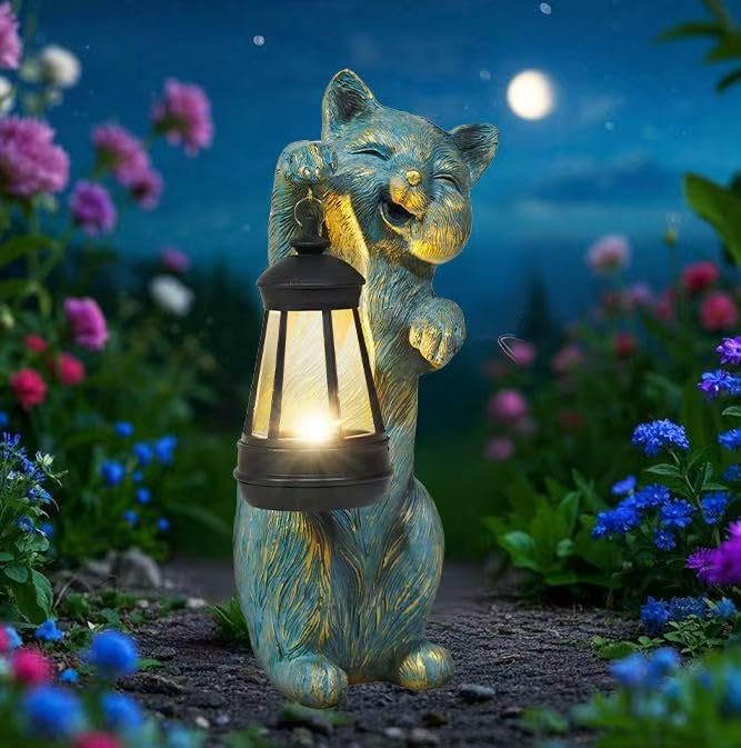 Garden Statues Cat with Solar Lantern Outdoor Bunny Figurines Decorations for Patio Yard Lawn Ornaments Gifts for Birthday Easter Housewarming Mother's Day