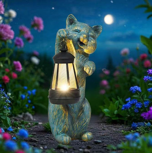 Garden Statues Cat with Solar Lantern Outdoor Bunny Figurines Decorations for Patio Yard Lawn Ornaments Gifts for Birthday Easter Housewarming Mother's Day