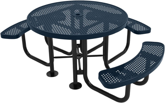 Heavy-Duty Portable Outdoor Picnic Table with Umbrella Hole, Punched Steel Patio Dining Furniture Made in America (46" Round Top, Dark Blue)