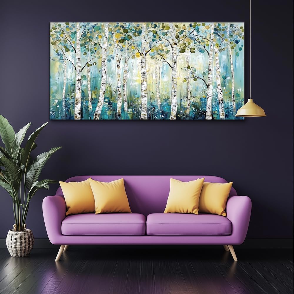 LASMOND Abstract Teal Grove Canvas Paintings Prints Modern Tree Wood Artwork Decor Wall Art for Living Room Bedroom Offices (46x23 Inches)