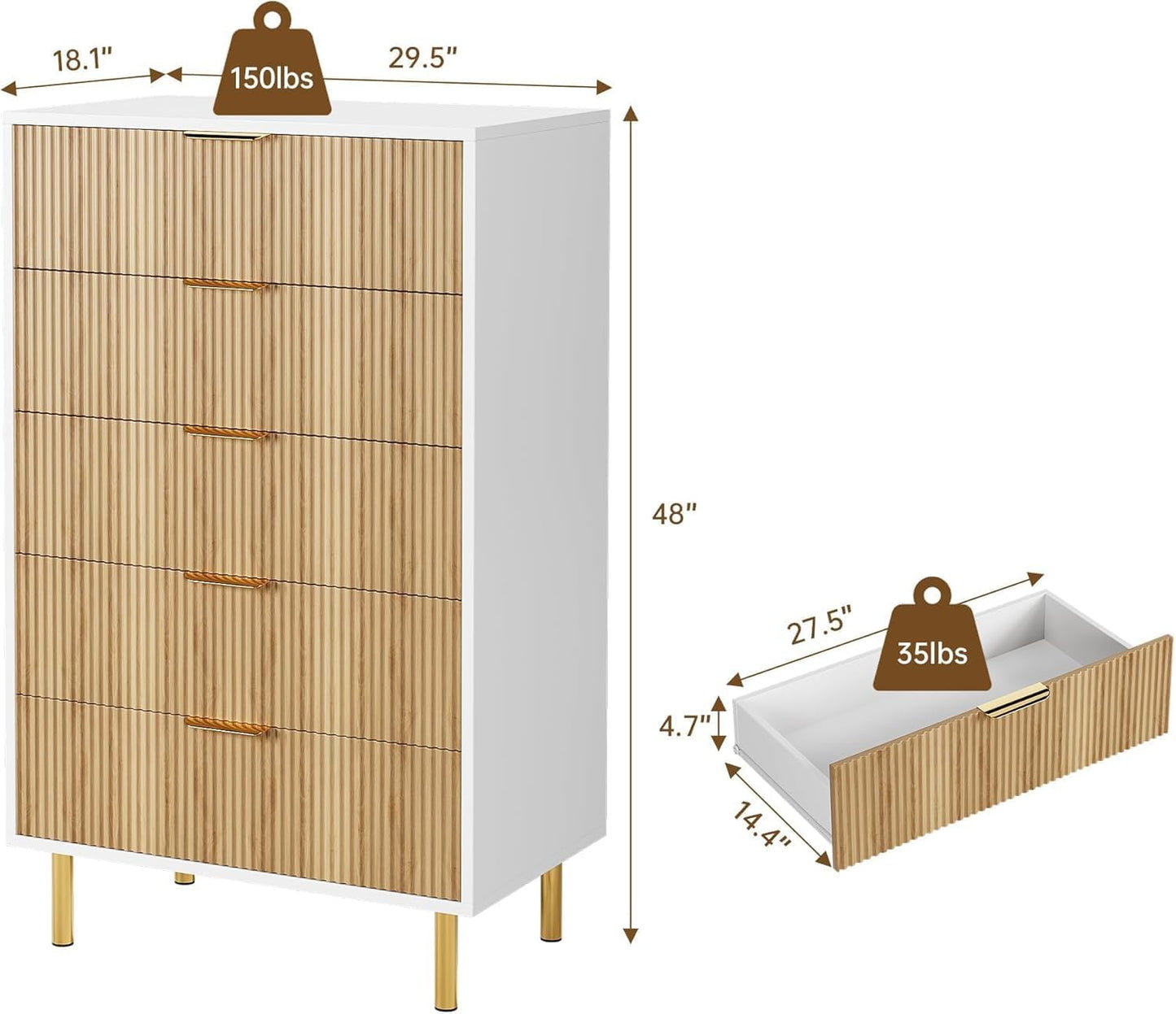 GAOMON 5 Drawer Dresser, Wood Chest of Drawers Organizer Storage with Gold Handle, Tall Storage Cabinet, Modern Design Dresser for Bedroom, Living Room, Closet, Hallway, Entryway, Natural