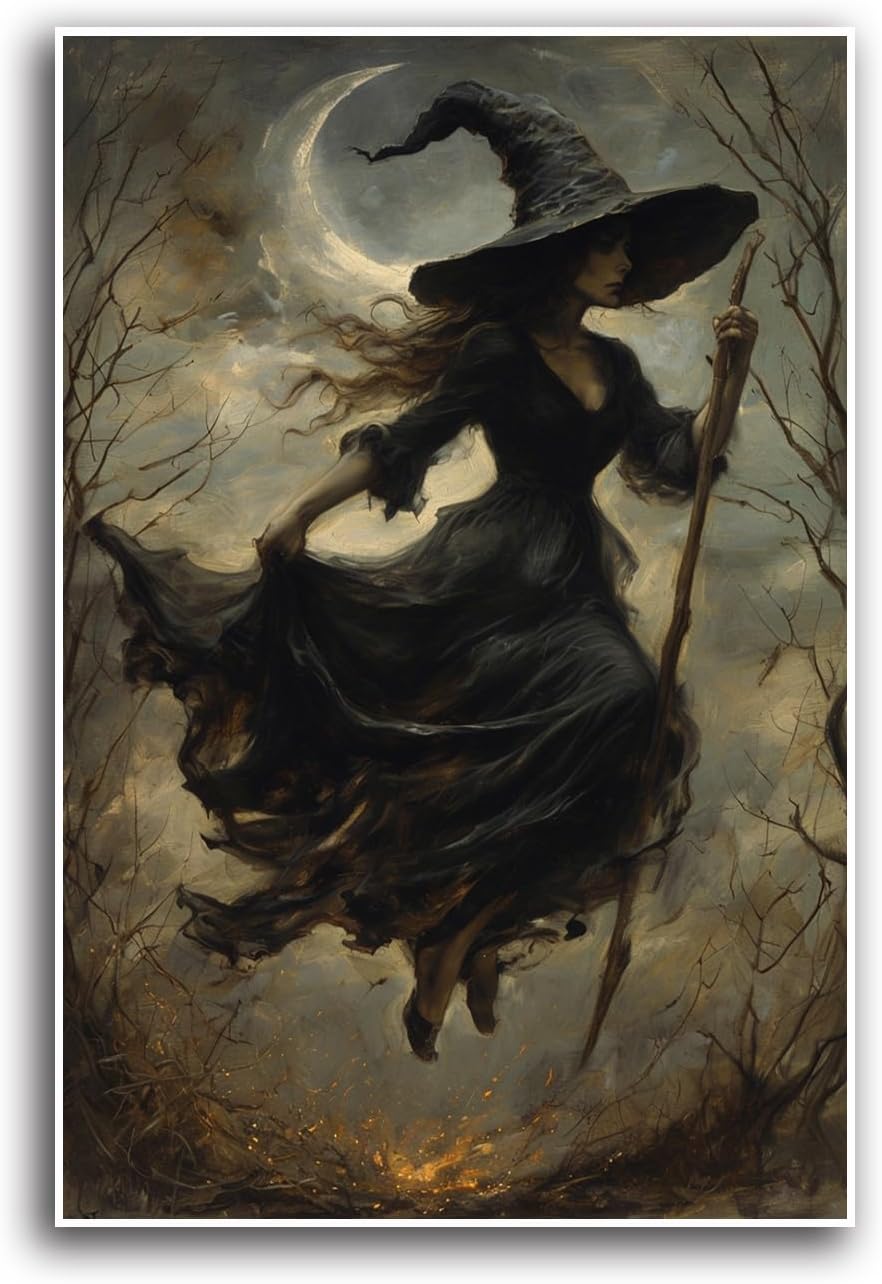 JFHCQJPK Witch in the Forest Halloween Print Wall Art Poster Witch Decor Vintage Print Dark College Wall Art Victorian Gothic Room Decor Canvas Wall Print12x16in Frameless