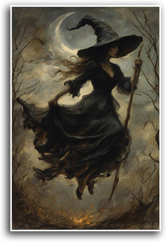 JFHCQJPK Witch in the Forest Halloween Print Wall Art Poster Witch Decor Vintage Print Dark College Wall Art Victorian Gothic Room Decor Canvas Wall Print16x24in Frameless