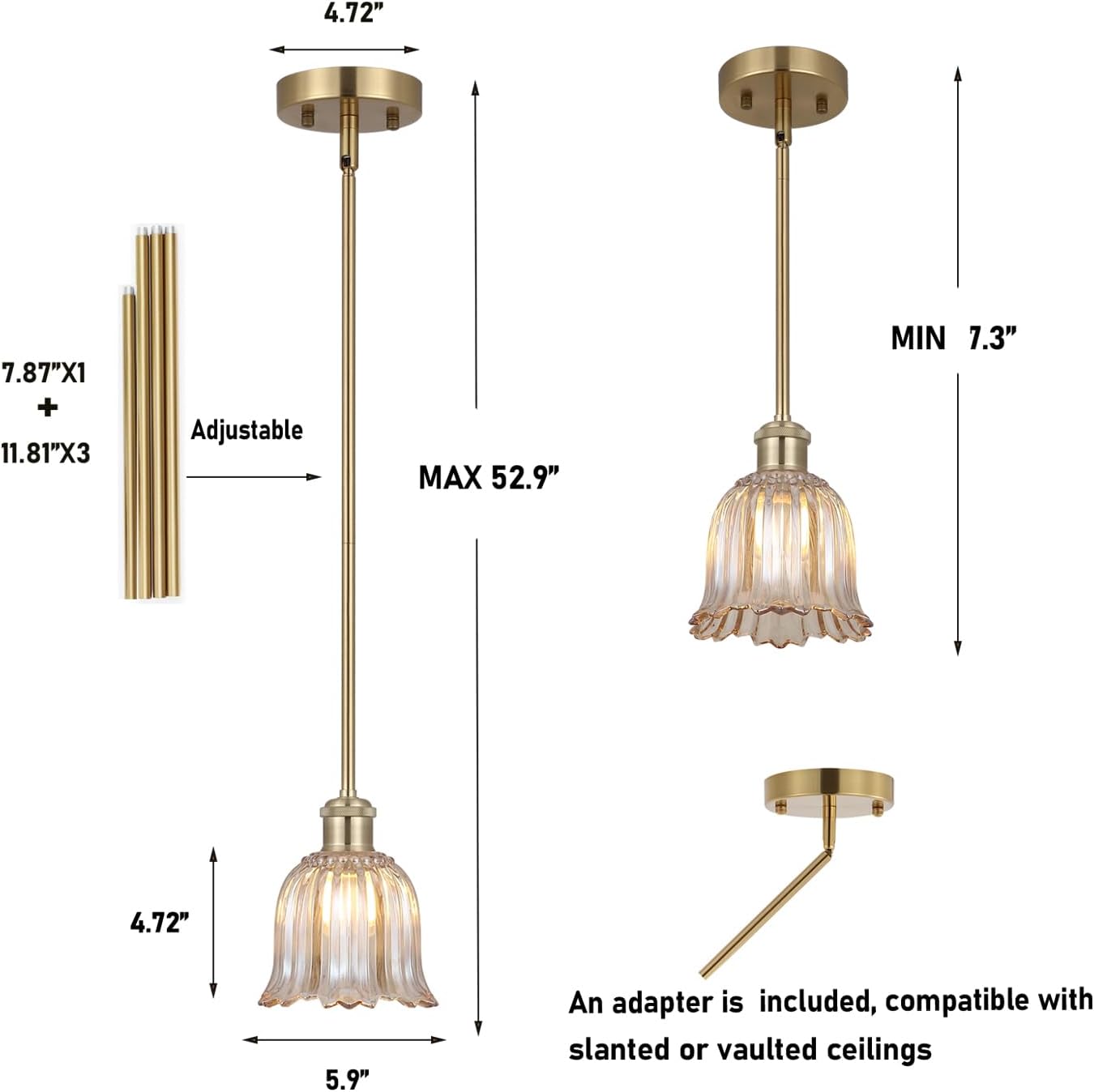 Modern Gold Pendant Light 3 Pack Brushed Brass Mid Century Chandelier Amber Glass Shades Adjustable Rods Farmhouse Ceiling Hanging Lighting Fixture Kitchen Island Dining Room Bedroom