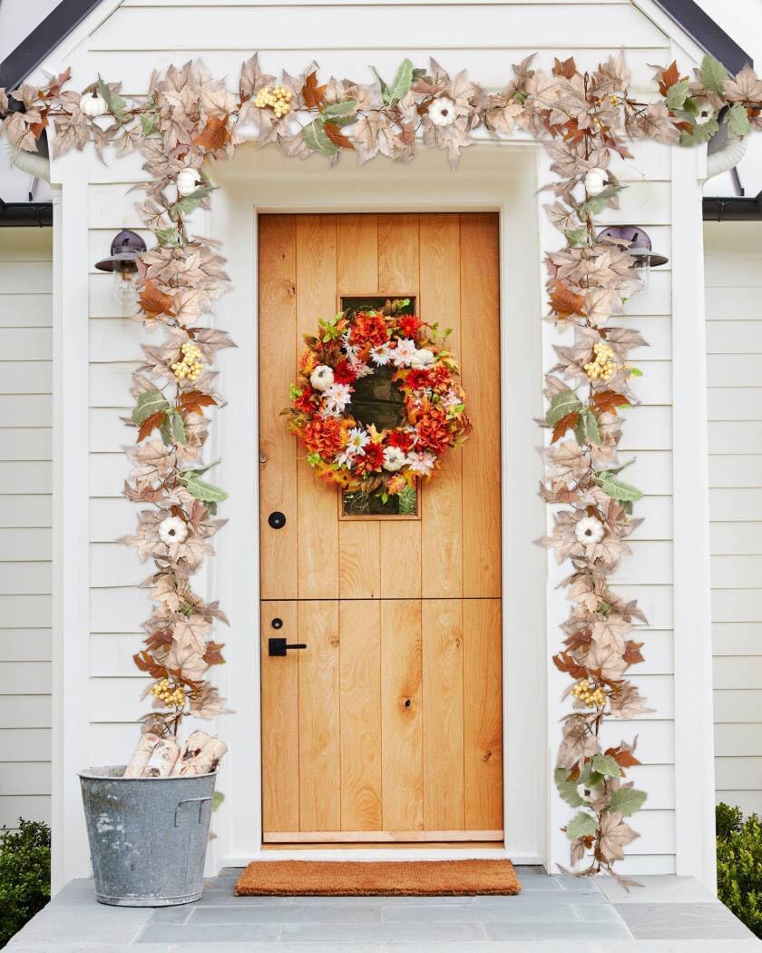 Lvydec Fall Maple Leaves Garland Decoration - 5.8ft Artificial Fall Foliage Garland with White Pumpkins Autumn Decor for Halloween Thanksgiving Home Table Decor (White)