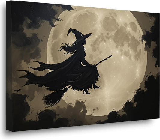 Full moon witch silhouette poster witch on magic broom Halloween mural poster decorative mural art suitable for home living room bedroom12x16in Wood Framed